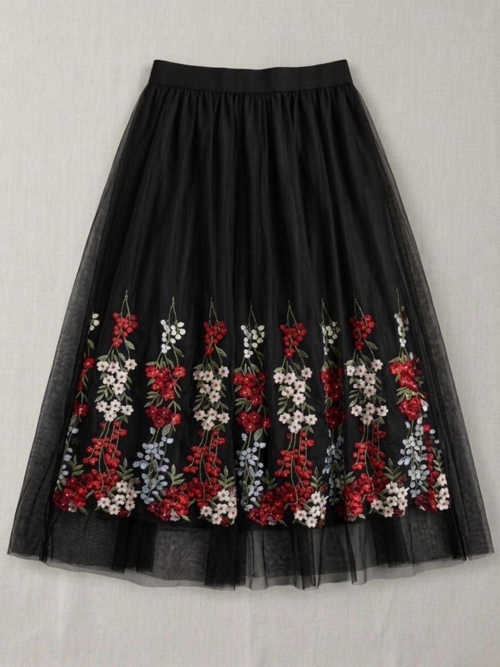 Sans Souci Black Maxi Tulle Skirt with Red, White & Light Blue Floral Embroidery